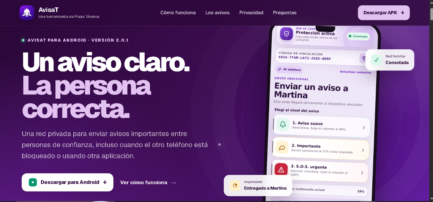 Portada violeta de AvisaT con una pantalla de avisos familiares