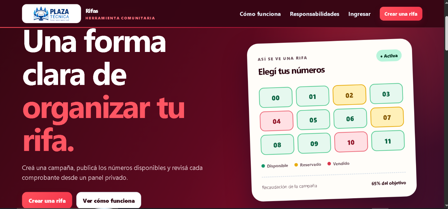 Portada bordó de Rifas Plaza Técnica con una grilla de números